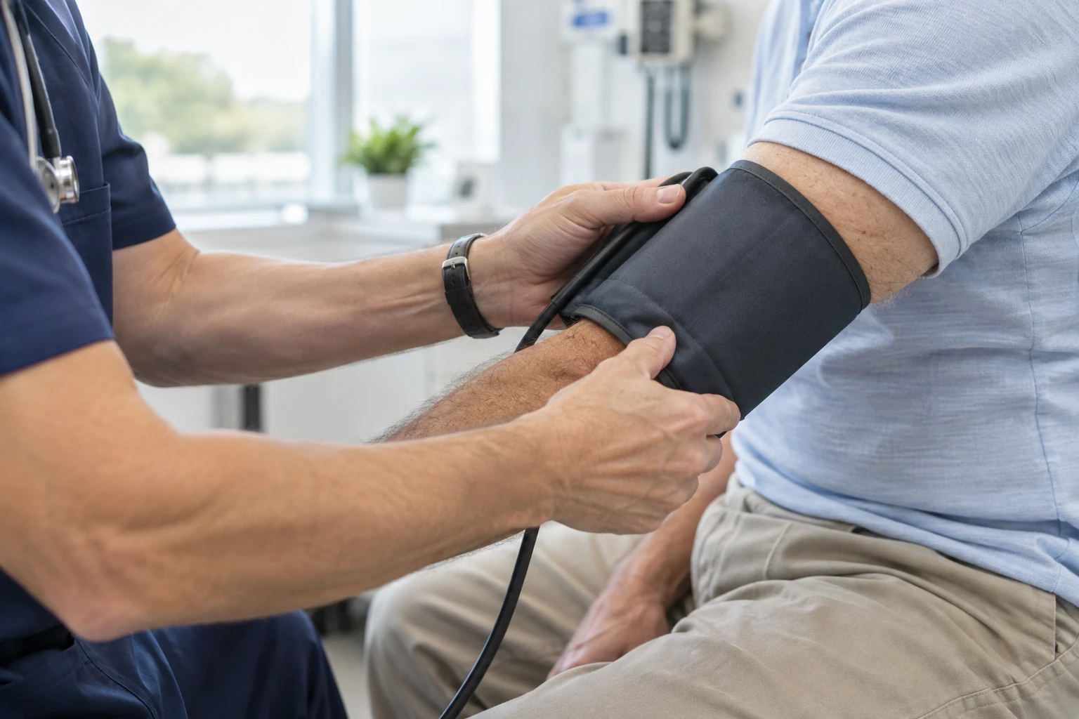 A doctor fitting a blood pressure cuff on a patient in a clinic