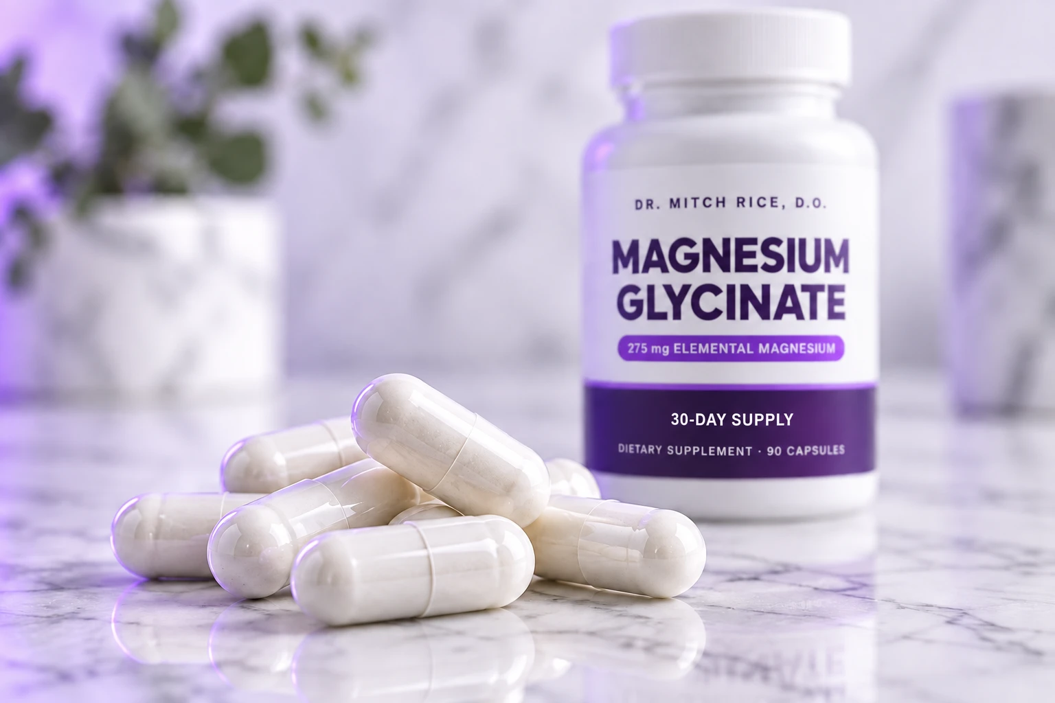 Magnesium glycinate capsules on marble in front of the bottle