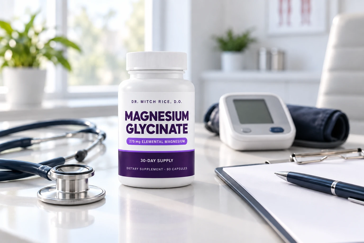 A physician desk with a stethoscope, a blood pressure monitor and the magnesium bottle