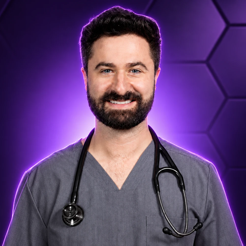 Dr. Mitch Rice, D.O., in scrubs with a stethoscope