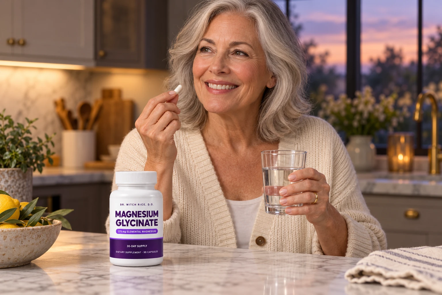 A woman in her sixties taking a capsule with a glass of water in her kitchen in the evening