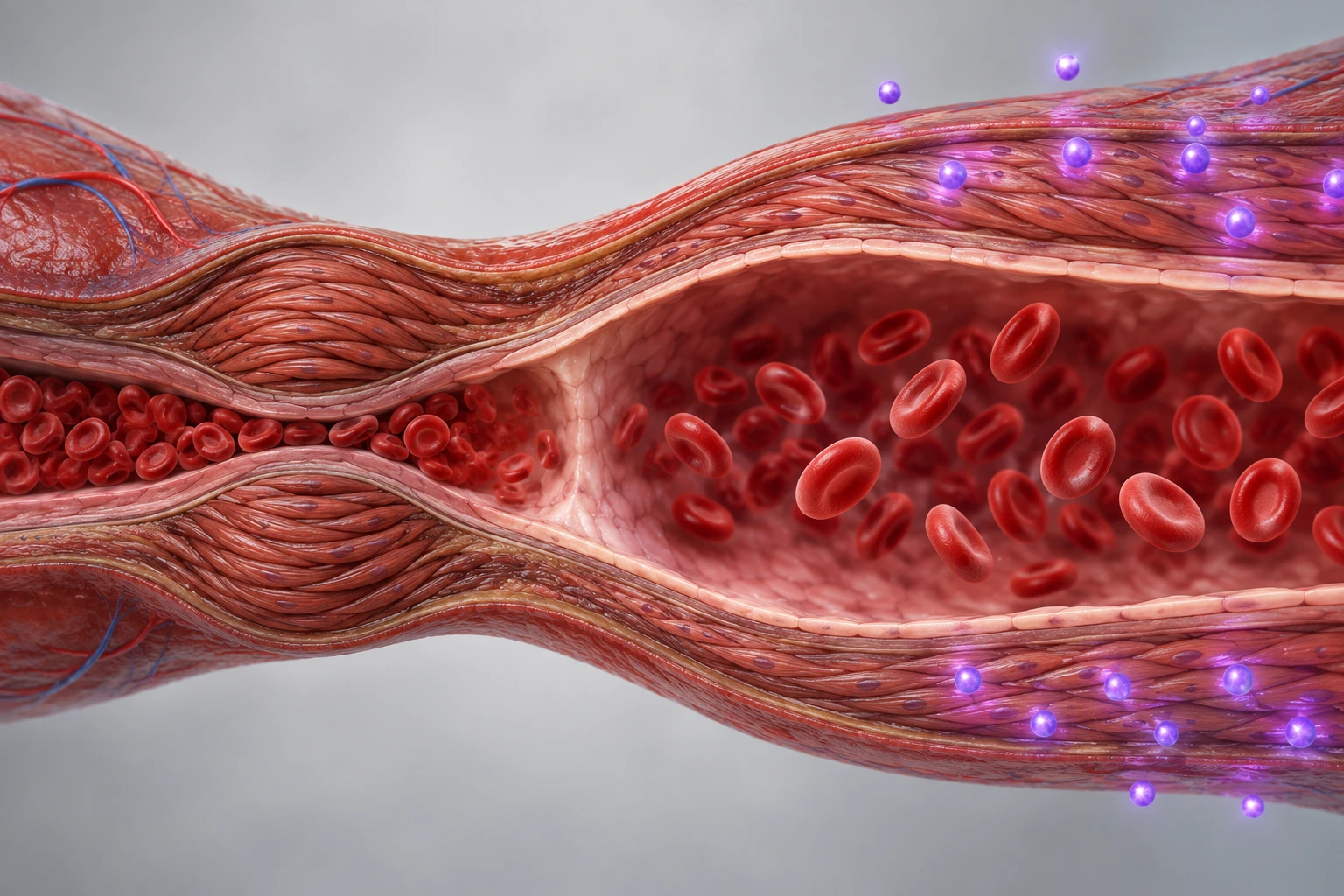 Medical illustration of an artery wall: smooth muscle tight on one side and relaxed on the other